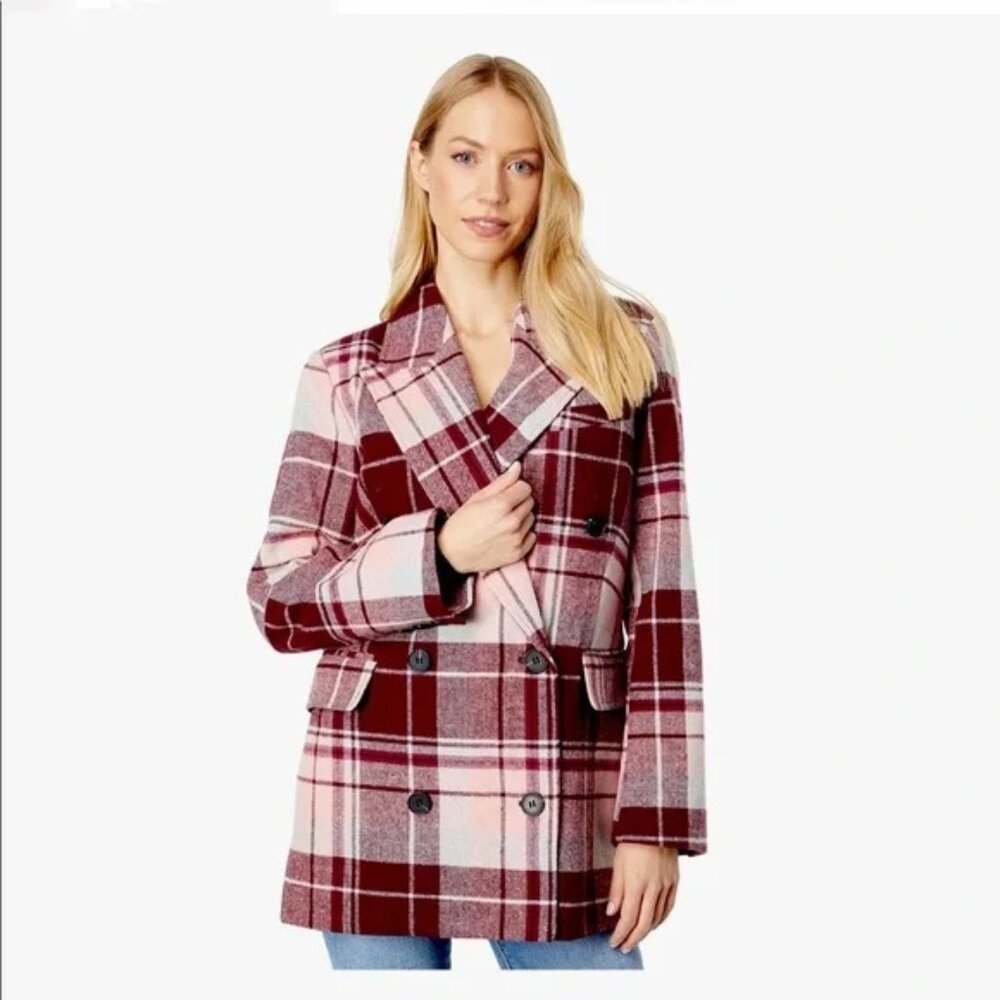 7 For All Mankind Plaid Maroon‎ Wool-Blend Peacoat Blazer Jacket | Size M
